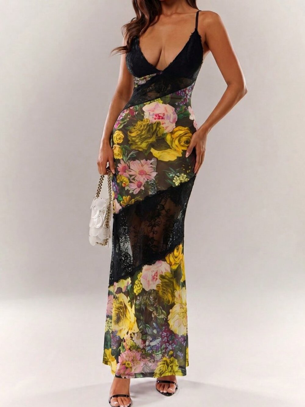 Elegant Women's floral Lace Mesh Bodycon maxi Dress - Picture 3 of 7